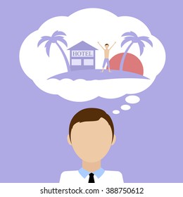 Man dream about vacation. Tropical island. Vector illustration.