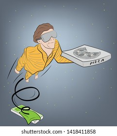 a man in a dream flies with pizza. vector illustration.