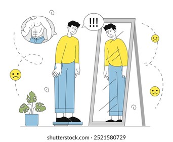 O homem sonha com o corpo perfeito. Triste rapaz fica em frente ao espelho e sonha com o corpo bombeado. Sentimentos e emoções negativas. Ilustração de vetor linear isolada no plano de fundo branco