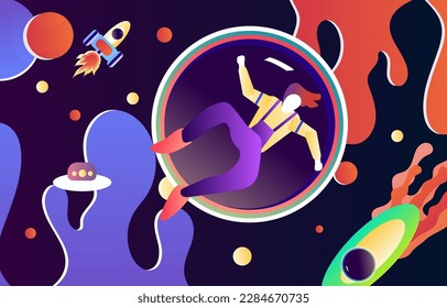 Man Dreaming about  floating in space and ufo spaceship vector design for illustration  Background  Etc