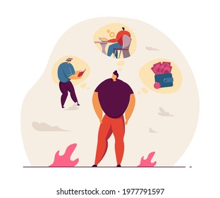 Man dreaming about future flat vector illustration. Graduation, good job, salary. Education, occupation, money concept for banner, website design or landing web page.