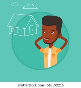 Hombre soñando con la vida futura en una nueva casa. Hombre planeando su futura compra de casa. Hombre pensando en comprar una casa. Ilustración de diseño plana vectorial en el círculo aislado en el fondo.