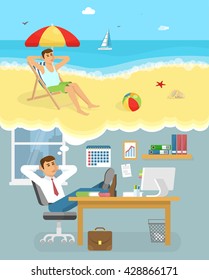 Man dreaming about holiday composition office worker thinking about vacation on the beach vector illustration