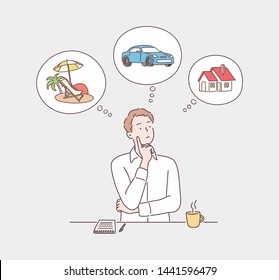 Man dreaming about home, investment, travel and car after earning dollars. Hand drawn style vector design illustrations.