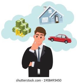 Man dreaming about home, investment, travel and car after earning dollars .Vector illustration cartoon character.	