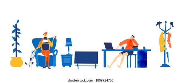 Man dreaming about professional success. Young man self-employed, self isolated working from home, and looking for new job. Quarantine, economy crisis, jobless people