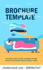 Man dreaming about sea and sleeping on sofa with cat. Home, pet, vacation flat vector illustration. Domestic animals and relaxation concept for banner, website design or landing web page