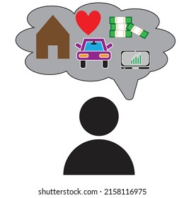 Ein Mensch, der von Dingen träumt - Immobilien , Autos lieben Geld und Technologie - Wunschgrafik - Symbol, Vektorgrafik 