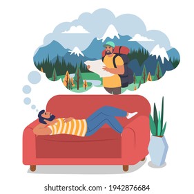 Man dreaming about travel, hiking, trekking lying on sofa at home, flat vector illustration. Summer vacation, travel planning.