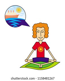 A man dreaming of a cruise on a tourist liner. Humorous comic drawing. Vector picture.