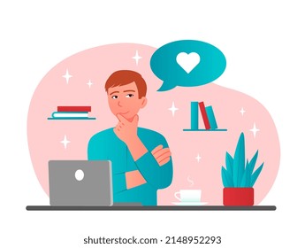 Man dreaming at home. Freelancer sits at laptop and rejoices. Modern technologies and earnings on Internet, happy staggered employee at comfortable workplace. Cartoon flat vector illustration