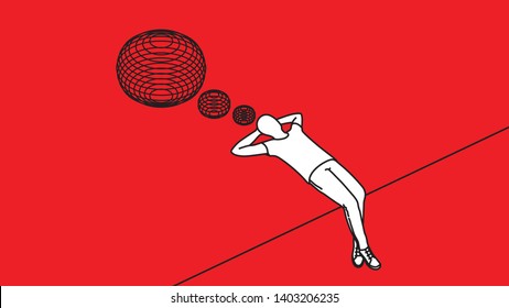 Man dreaming, man thinking on red background.