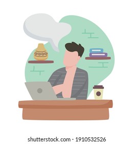 man dreaming in the workplace with laptop character vector illustration design