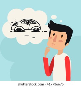 Man Dreams About The Car. Vector Illustration.