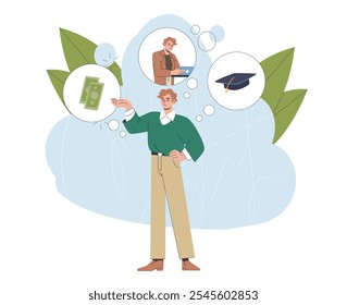 Man dreams about studying. Guy with speech bubbles with banknotes, graduate cap and laptop. Education and learning. Student dream about career. Flat vector illustration isolated on white background