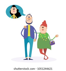 Man dreams at another woman. Vector illustration of a flat design