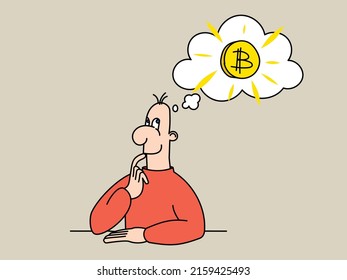 Man dreams of Bitcoin. The character is thinking about cryptocurrency.	