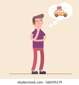 Man dreams of a car. Money to spend. Vector cartoon illustration. The design  the character. 