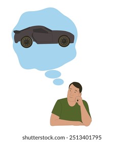 Un hombre sueña con un coche. Ilustración motivacional. El gerente quiere comprar un auto.