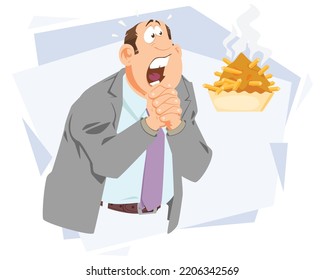 Man dreams of french fries. Funny people. Illustration concept template for website, web landing page, banner, presentation, social, poster, promotion or print media.