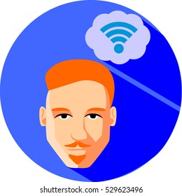 Man dreams of Internet connection. Flat Style. Fashionable red-haired man with a beard and mustache, hipster on a blue background.