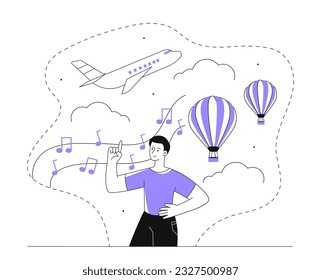 Man with dreams line concept. Young guy dreams of vacation in tropical and exotic countries. Travel and flights. Active lifestyle and recreation, leisure. Linear flat vector illustration