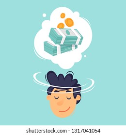  Man Dreams Of Money. Flat Design Vector Illustration.