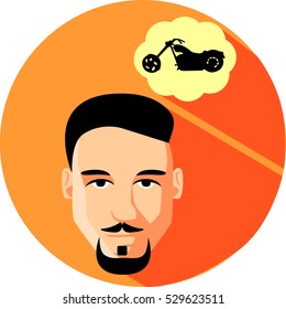 Man dreams of a motorbike. Flat Style. Fashionable man with beard and mustache, hipster on an orange background.