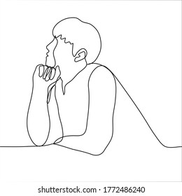 Man Dreams Propping His Chin On His Hand. One Continuous Line Art Guy Thoughtfully Laid His Head On His Fist, He Looks Into The Distance. Can Be Used For Animation