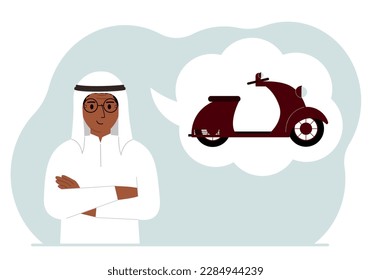 A man dreams or thinks about a scooter or motorcycle. His thoughts are in an air bubble. The concept of a dream, purchase, loan or investment. Vector flat illustration.