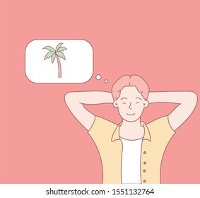 A man dreams of vacation, travel. Hand drawn style vector design illustration. Vector design style for website, brochure, newspaper.
