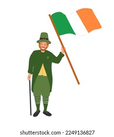 Man dress like leprechaun with flag of Ireland in his hand. St. Patrick's Day cartoon illustration of people, characters Festive Costumes celebrating party, parade. 
