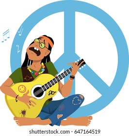 Man dressed in 1960s hippy fashion playing guitar and singing sitting in front of a peace sign, EPS 8 vector illustration