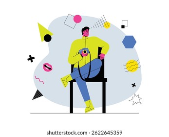 Man dressed in 90's style with vintage elements background, vector illustration.
