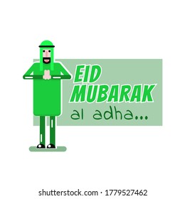 man dressed arabian traditional isolated in white background. eid al adha greeting message. flat cartoon vector