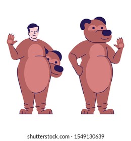 Man dressed in bear costume flat vector illustration. Person dressing like animal. Guy in Halloween party outfit cartoon character with outline elements isolated on white background