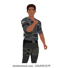 Man dressed in black EMS suit during electric muscle stimulation workout. Flat Vector character illustration