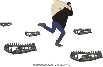 Man dressed in black in mask avoids traps and alarm-