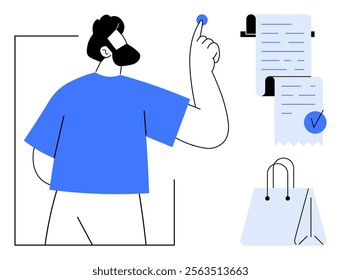 A man dressed in blue points at a document with a checkmark beside a shopping bag. Ideal for e-commerce, online shopping, order processing, customer service, retail industry. Simple flat vector style