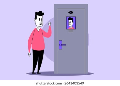 Man dressed in bright sweater standing outside door, raising hand to knock. Man looking at his reflection in small frame attached to door while waiting