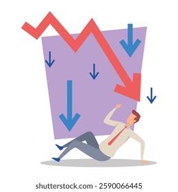 Man dressed in business attire falling down as red arrows indicating decline in performance. Downward arrows highlighting negative trends