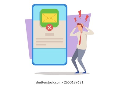 Homem vestido com trajes de negócios de pé frustrado, segurando a cabeça enquanto ele olha para o smartphone com notificação. A notificação exibindo símbolo de erro, indicando problema