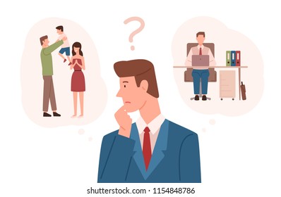 Man dressed in business suit choosing between family responsibilities and career. Difficult choice, life dilemma, working parent decision making. Colorful vector illustration in flat cartoon style