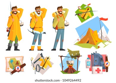 Man dressed as camper, fisher and climber. Camping, fishing, climbing equipment. Active lifestyle. Tent, compass, map, first-aid kit. Angling and mountain hike items. Flat vector set