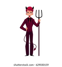 Man dressed as devil devil in business suit with horns, tail and trident, cartoon vector illustration isolated on white background. Male devil character, boss, Halloween costume, business decision