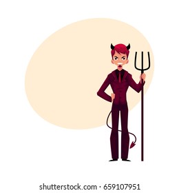 Man dressed as devil devil in business suit with horns, tail and trident, cartoon vector illustration with space for text. Male devil character, boss, Halloween costume, business decision concept