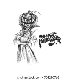 Man dressed as Dracula with Halloween, Hand Drawn Sketch Vector Background.