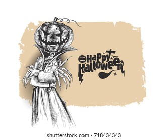 Man dressed as Dracula with Halloween, Hand Drawn Sketch Vector Background.