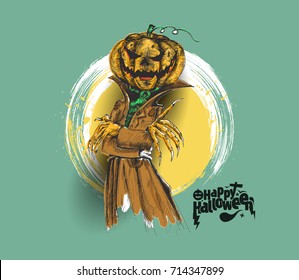 Man dressed as Dracula with Halloween pumpkin head, Hand Drawn Sketch Vector Background.