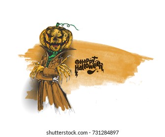 Man dressed as Dracula with Halloween pumpkin head, Hand Drawn Sketch Vector Background.
